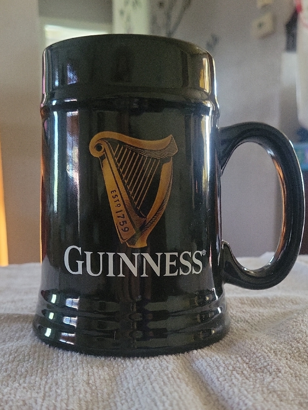 Guinness Black Mug with Gold Harp and White Logo. 20 Oz, No Call Outs.